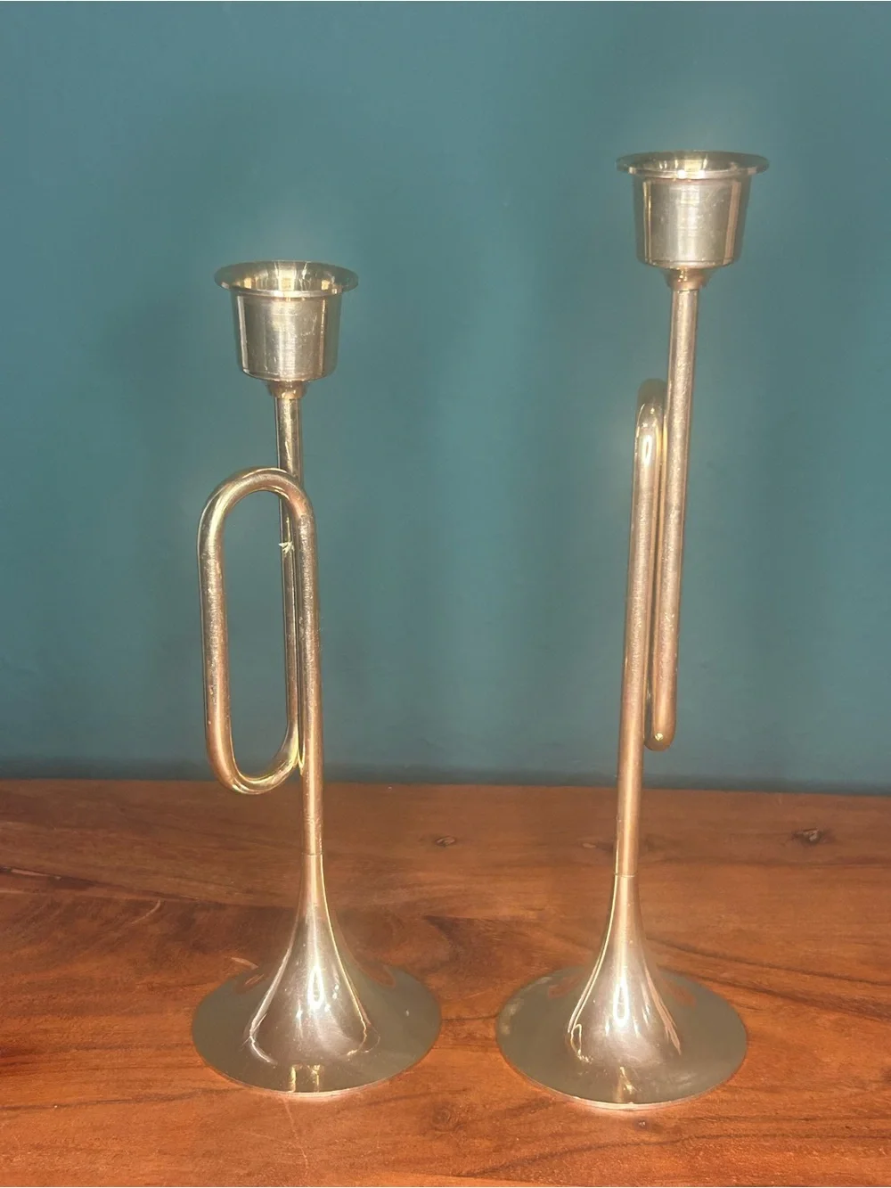 Set of 2 Metallic Brass Trumpet Candle Holders